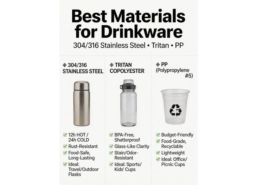 Which materials (e.g., 304/316 stainless steel, Tritan, PP) are best for different types of drinkware?