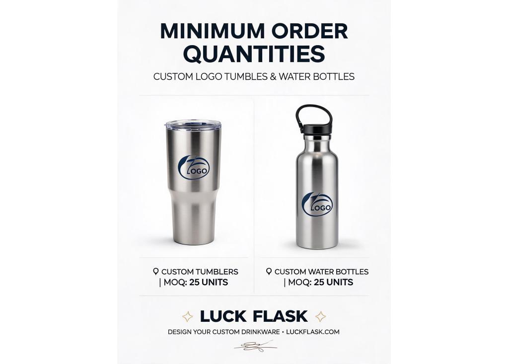 What are the minimum order quantities for custom logo tumblers and water bottles?