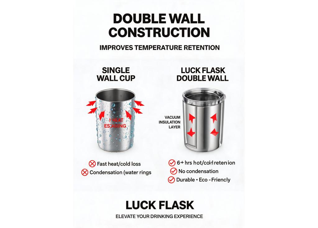 How do double wall construction techniques improve temperature retention in stainless steel cups?