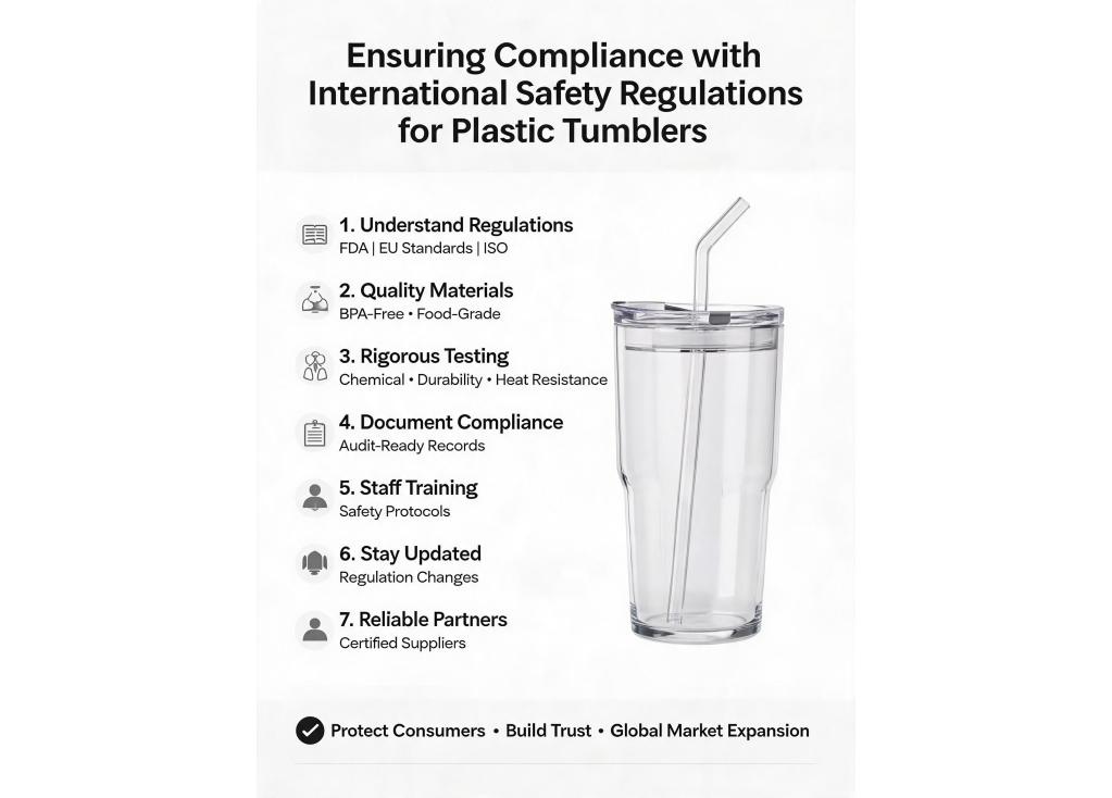How can a manufacturer ensure products meet international safety regulations for plastic tumblers?