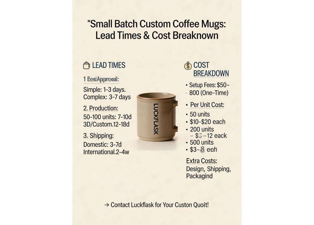 What are the lead times and cost implications for small batch custom coffee mug production?