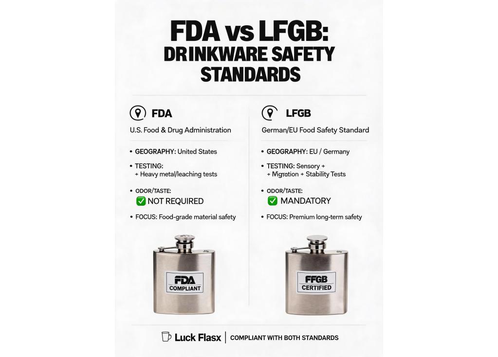 What are the key differences between FDA and LFGB standards for drinkware products?