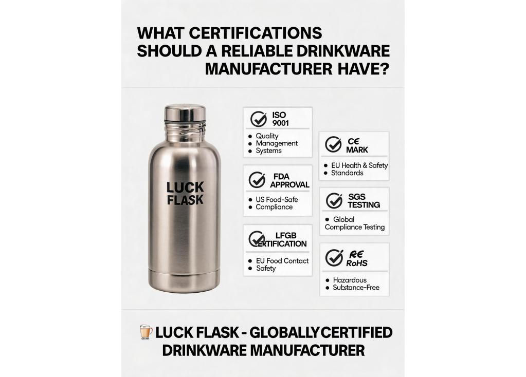 What certifications should a reliable drinkware manufacturer have for international markets?