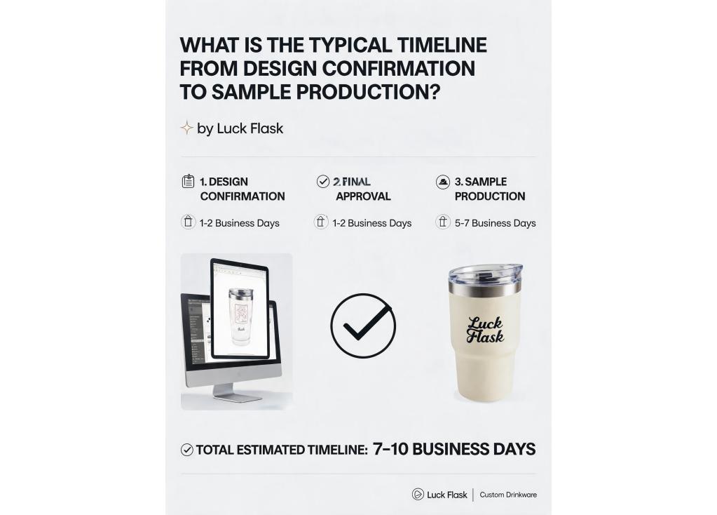 What is the typical timeline from design confirmation to sample production for custom drinkware?