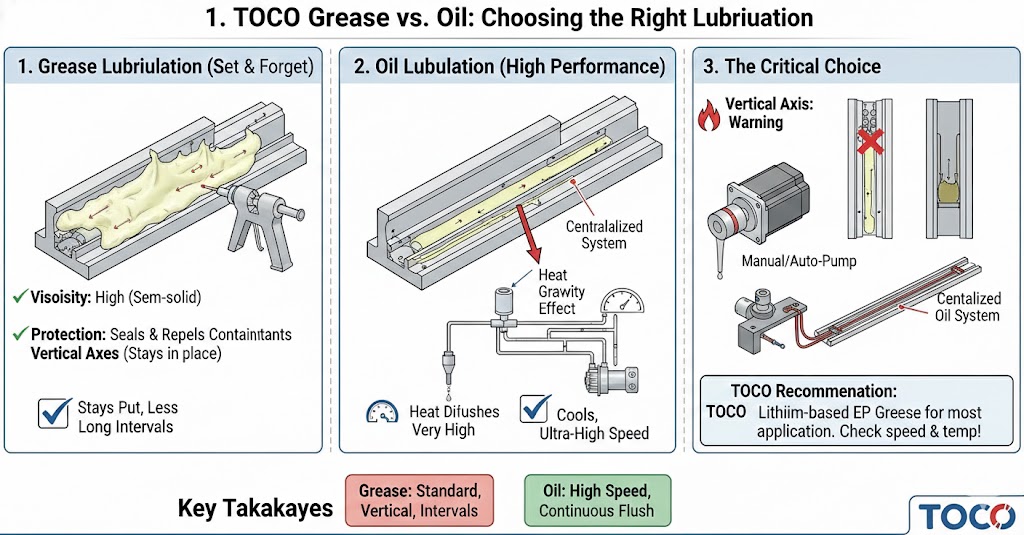 Graxa versus óleo: como escolher a lubrificação adequada para sistemas lineares.