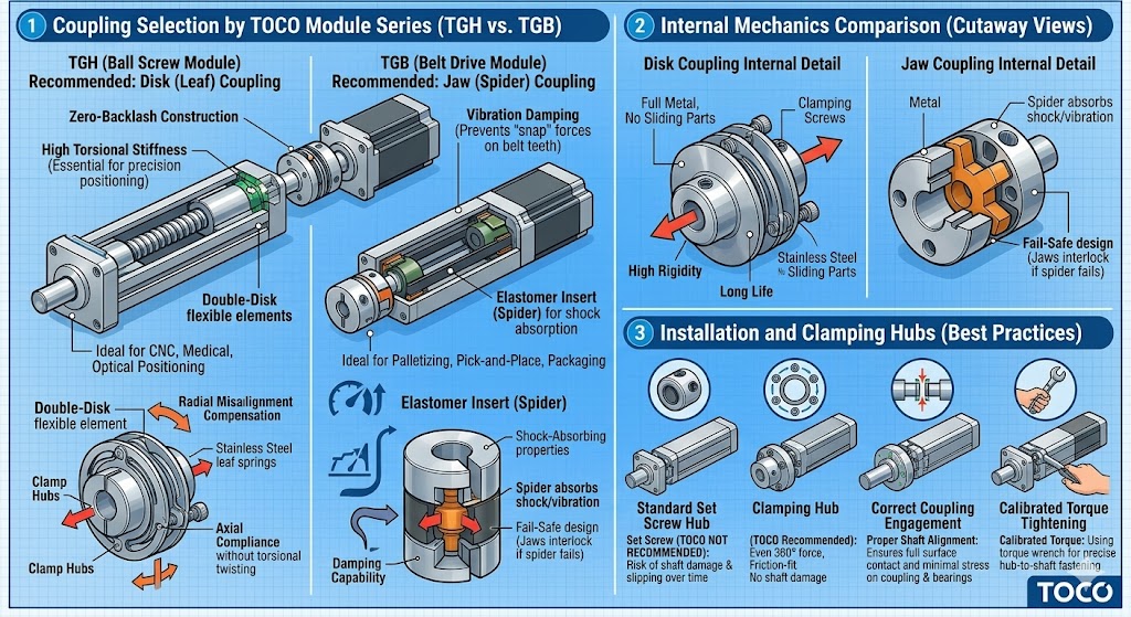 the Disk vs. Jaw coupling internal mechanics and the clamping hub installation