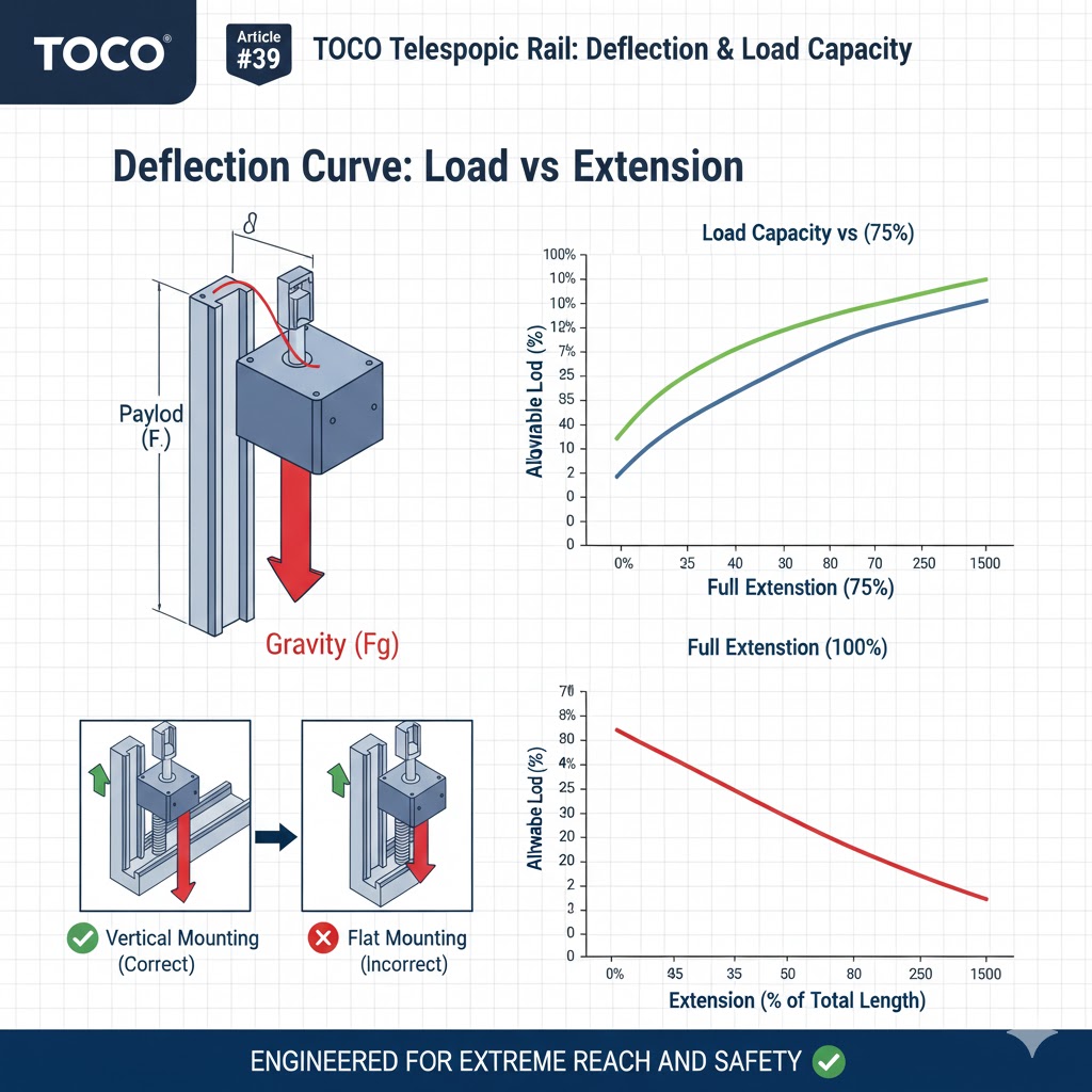 Deflection Curve of a telescopic rail at various extension percentages