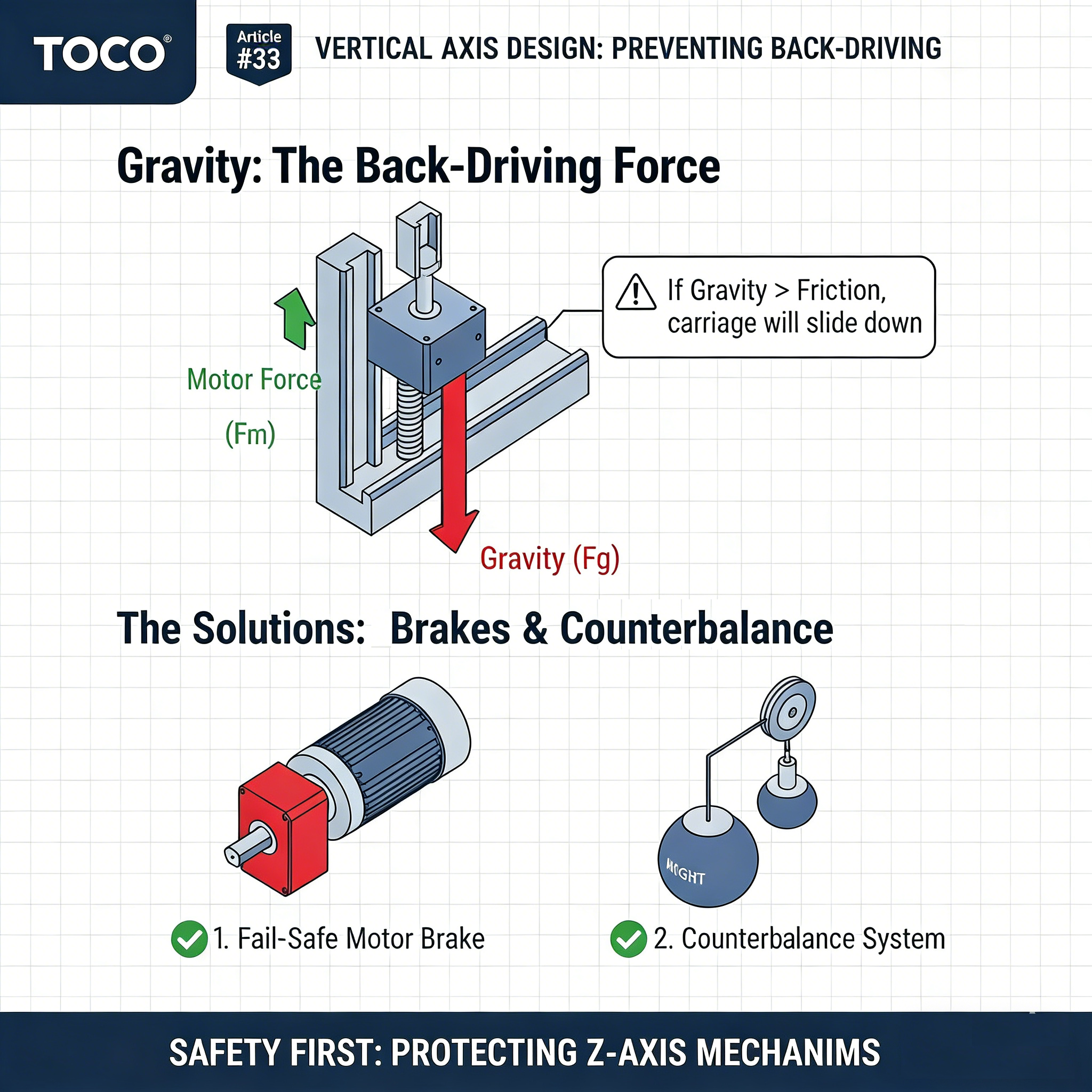 Fuerzas en un eje vertical (gravedad vs. fricción vs. par de freno)