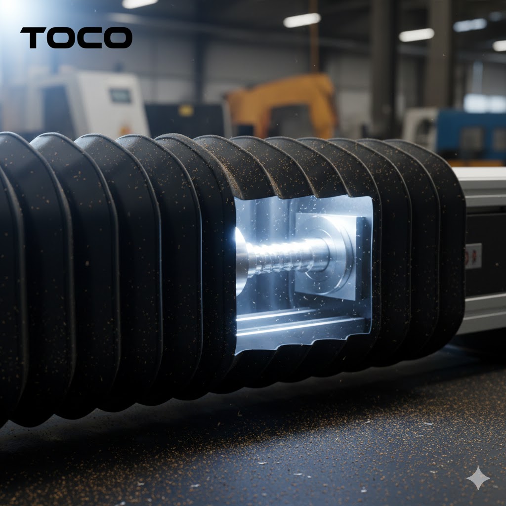 un módulo lineal TOCO equipado con fuelles de acordeón negros de alta calidad