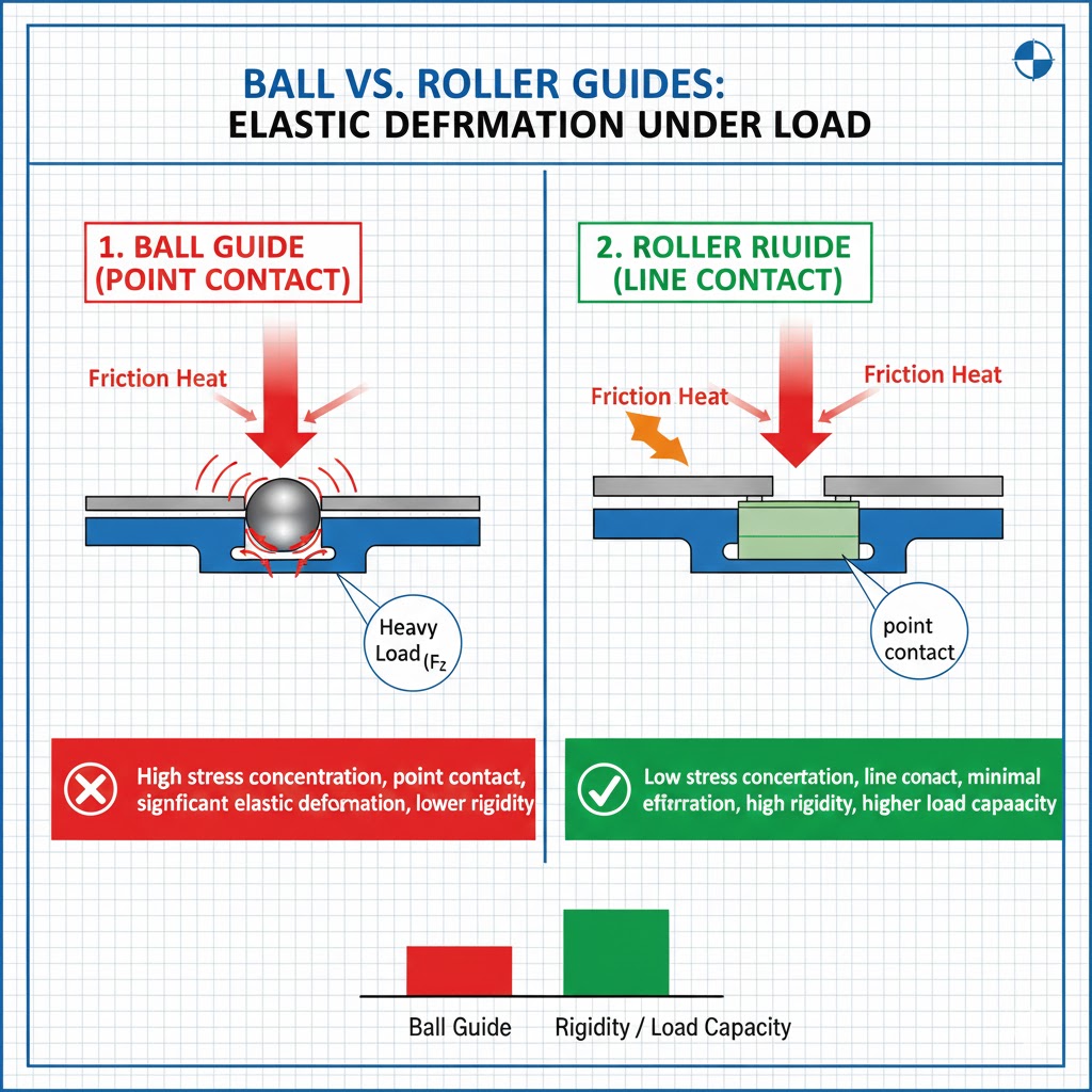 Deformação elástica de uma guia de esferas versus uma guia de roletes sob carga pesada