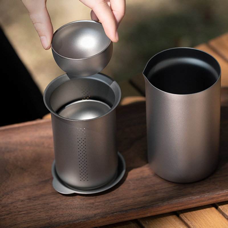 Portable Double Titanium Camping Cup Tea Teapot Set for Outdoor Travel & Drinkware Use