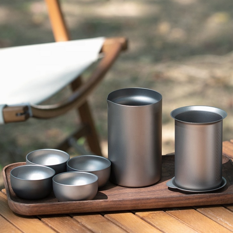 Portable Double Titanium Camping Cup Tea Teapot Set for Outdoor Travel & Drinkware Use