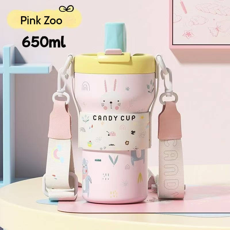 Large Capacity Double Straws 316 Stainless Steel Tumbler Cute Student Net Red Water Cup with Ceramic Lining for Students