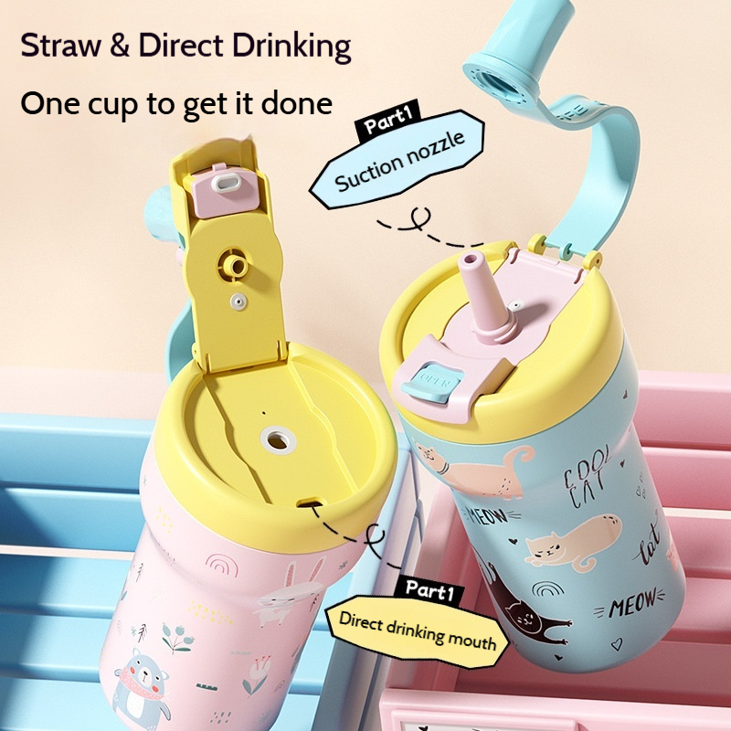 Large Capacity Double Straws 316 Stainless Steel Tumbler Cute Student Net Red Water Cup with Ceramic Lining for Students