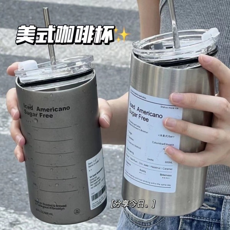 600ml Coffee Cup Thermos Stainless Steel Water Bottle with Straw Ice American Coffee Mug Vacuum Flask Double-layer Straw Cup