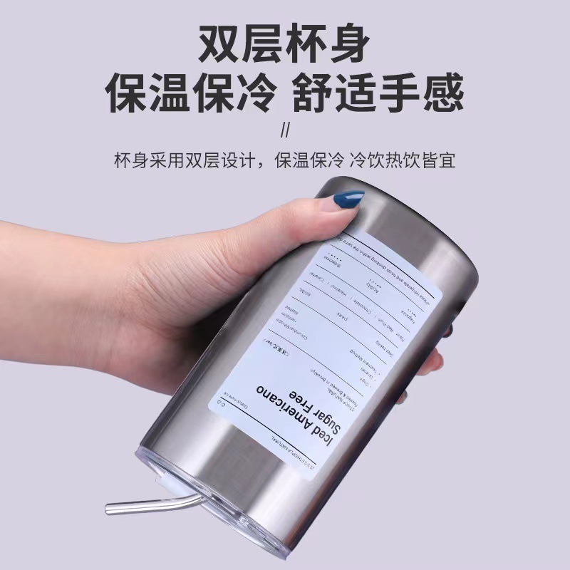 600ml Coffee Cup Thermos Stainless Steel Water Bottle with Straw Ice American Coffee Mug Vacuum Flask Double-layer Straw Cup