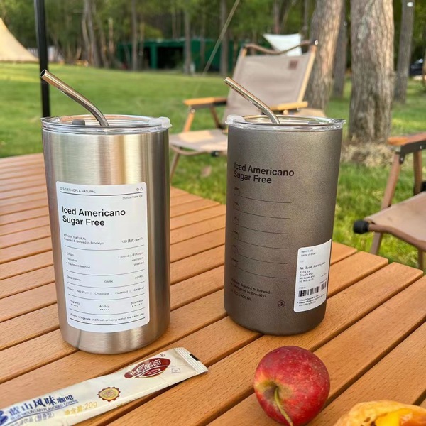 600ml Coffee Cup Thermos Stainless Steel Water Bottle with Straw Ice American Coffee Mug Vacuum Flask Double-layer Straw Cup