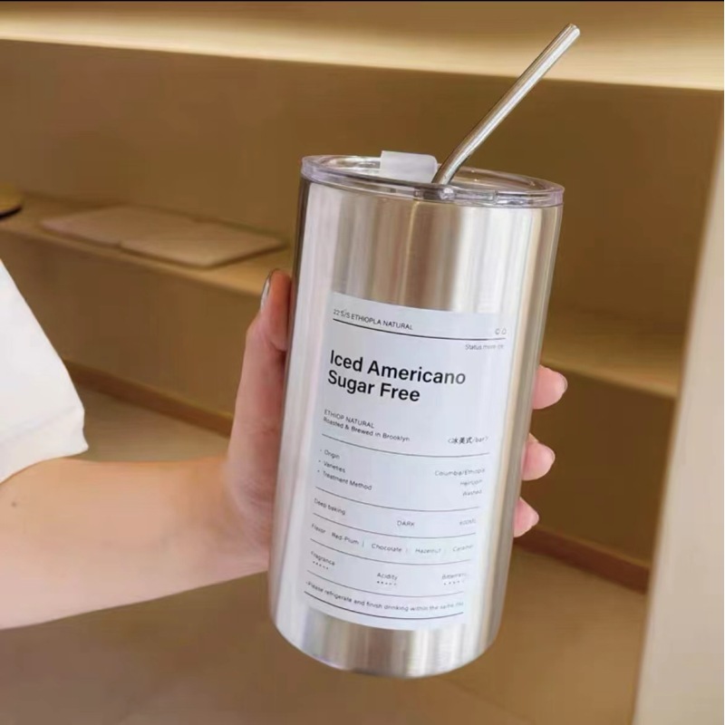 600ml Coffee Cup Thermos Stainless Steel Water Bottle with Straw Ice American Coffee Mug Vacuum Flask Double-layer Straw Cup