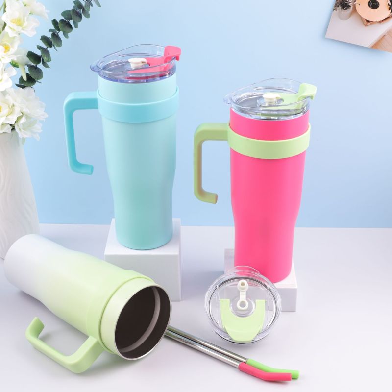 Personalized Custom 40Oz Classic Vacuum Metal 304 Stainless Steel Coffee Tumbler Cup With Handle Straw Lid