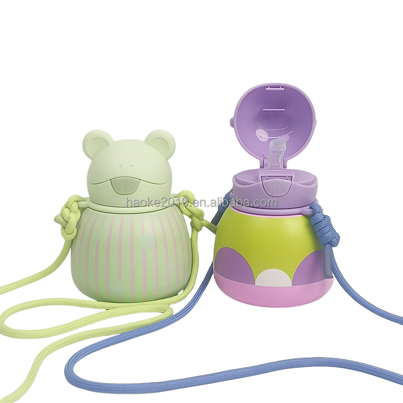 OEM ODM Double Wall Insulated Vacuum Stainless Steel Frog Shape Water Bottle with Strap for Children