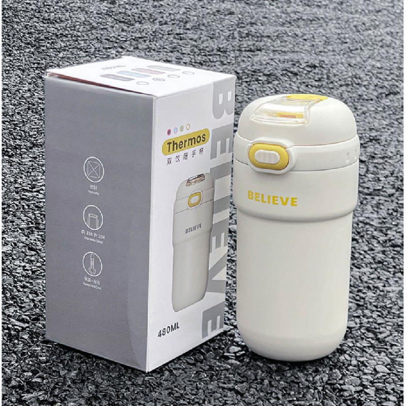Student Double Drink Portable Cup Direct Drink Water Bottle with Straw 480ml Stainless Steel Coffee Mug Thermos Cup for Girls