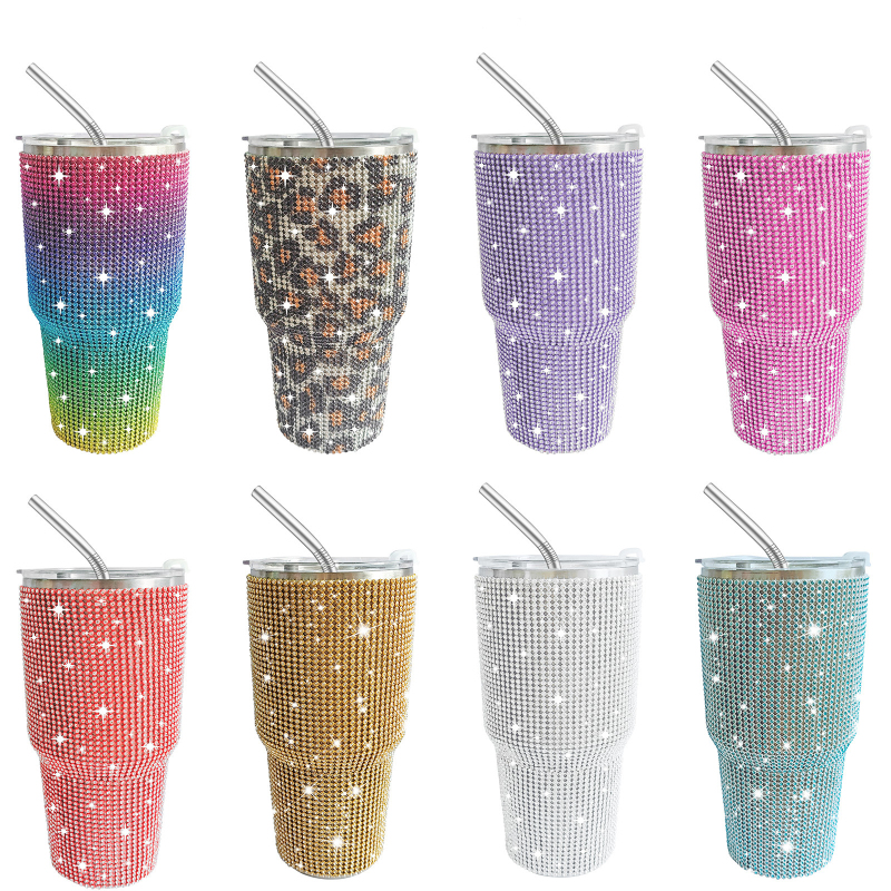 Studded Diamond Cup 20 30 oz Glitter Stainless Steel Water Bottle with Lid and Straw Bling Decorated Tumbler