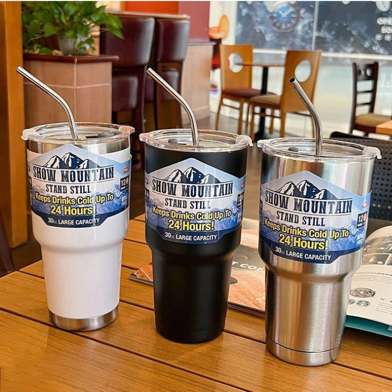 Wholesale Classic 30 oz Stainless Steel Hot and Cold Mug with Coated Vacuum Lid and Straw 30oz Straight Cup Design with Straw