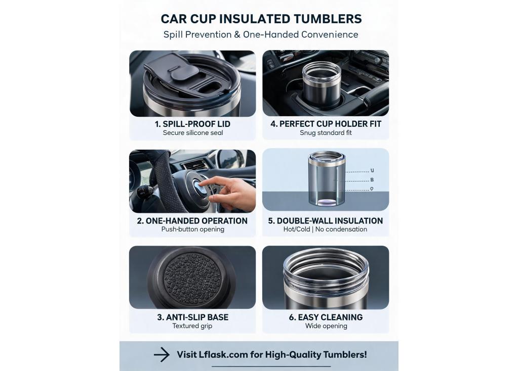 For a car cup insulated tumbler, what design elements prevent spills during driving and ensure easy one-handed operation?