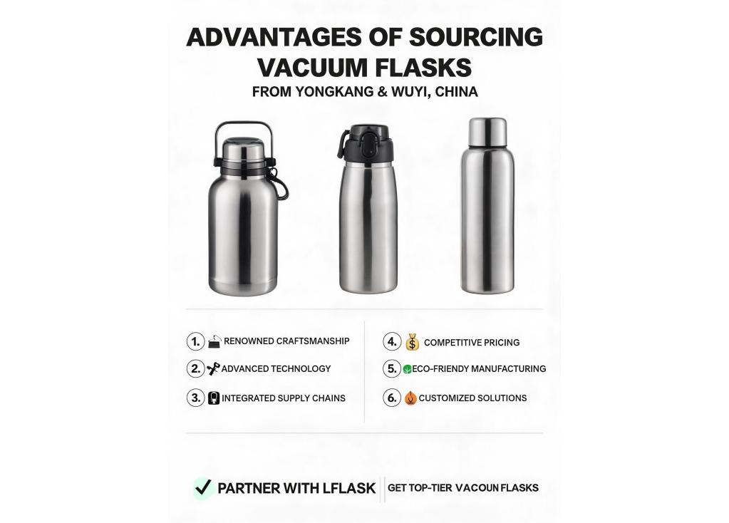 What are the advantages of sourcing vacuum flasks from the Yongkang or Wuyi region in China in terms of supply chain and craftsmanship?