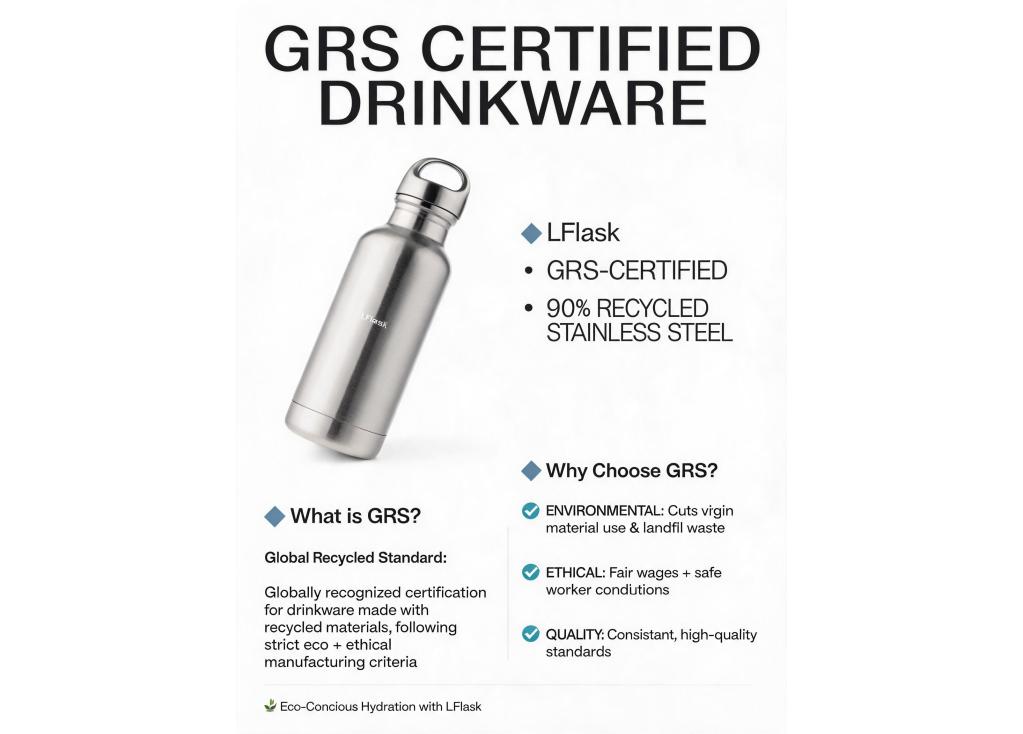 What is GRS certification for drinkware, and what percentage of recycled content can be achieved in a stainless steel water bottle?