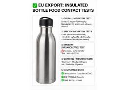 What specific food contact material tests are required for exporting insulated bottles to the European Union?