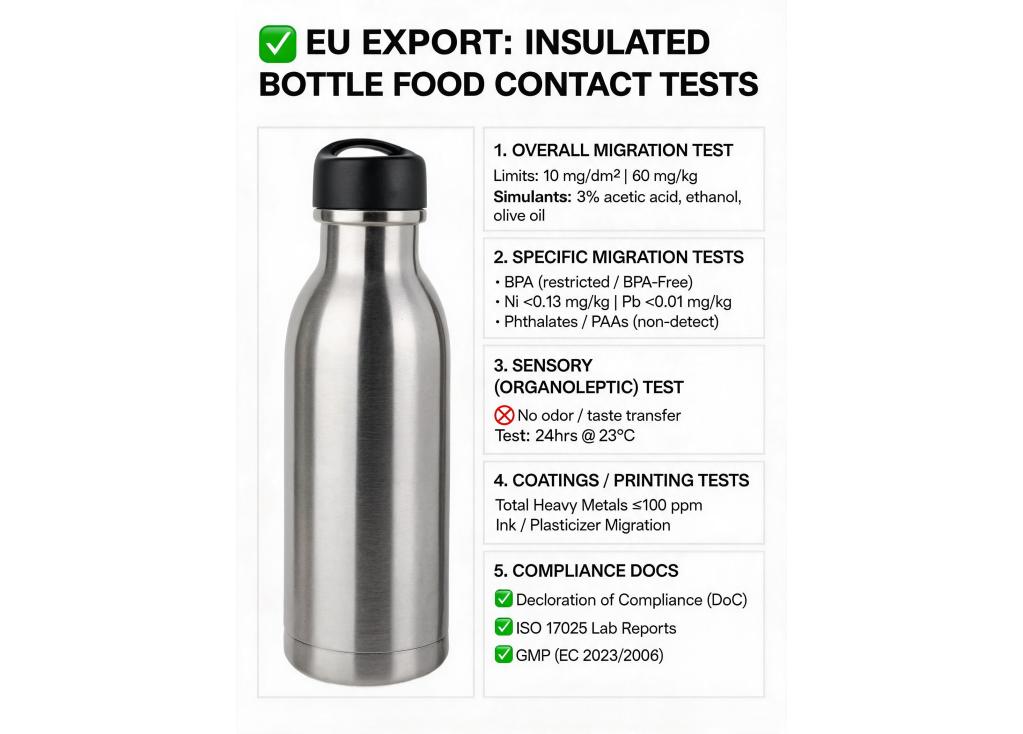 What specific food contact material tests are required for exporting insulated bottles to the European Union?