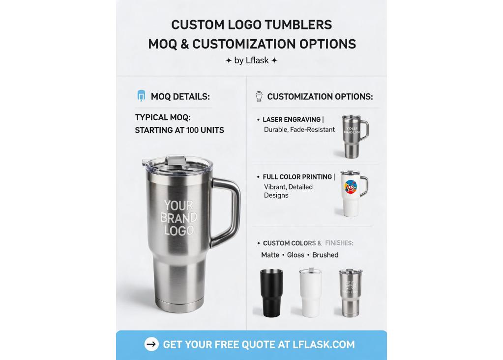 What is the typical MOQ for custom logo tumblers and what customization options are available (engraving, printing, colors)?