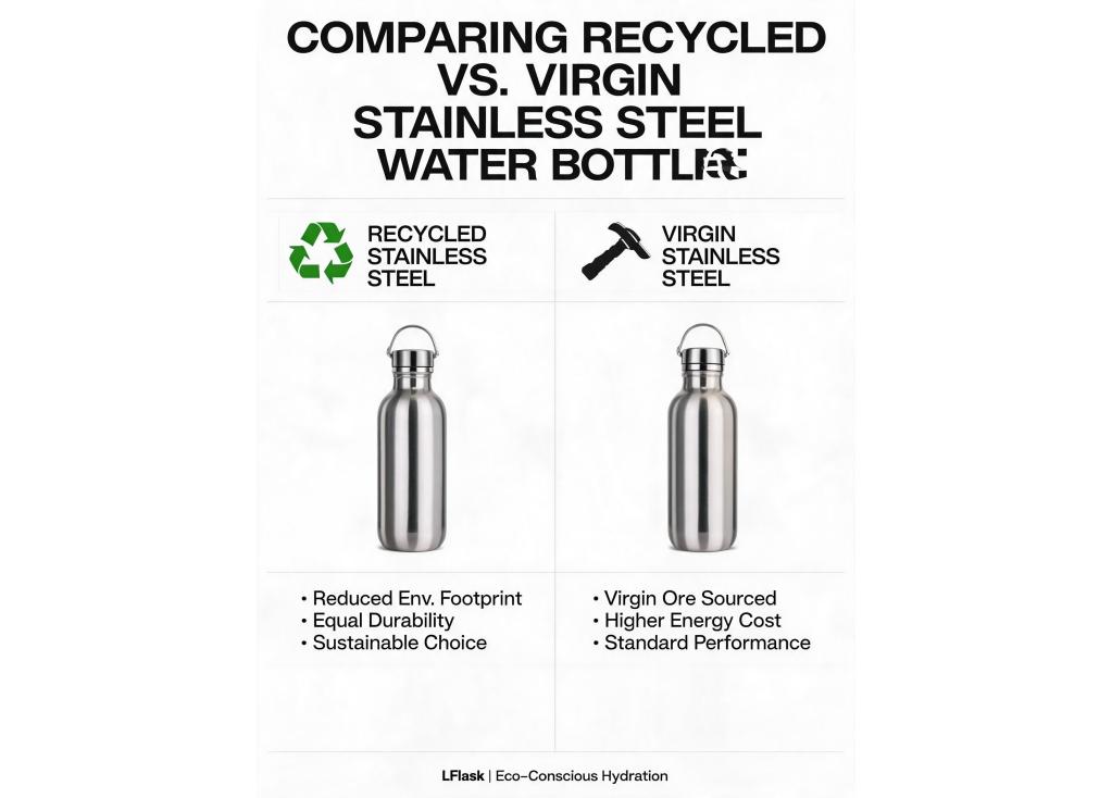 How does the quality and performance of a recycled stainless steel water bottle compare to one made from virgin material?
