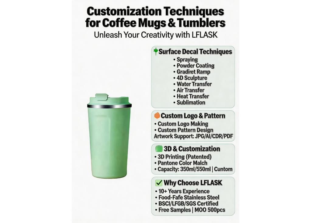 What customization techniques (printing, engraving, etc.) are offered for coffee mugs and tumblers?