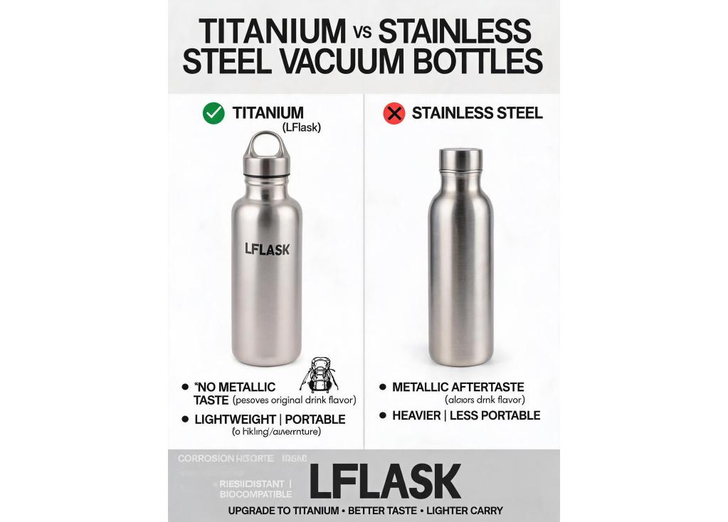 What are the advantages of titanium over stainless steel for vacuum insulated bottles, especially regarding taste preservation and weight?