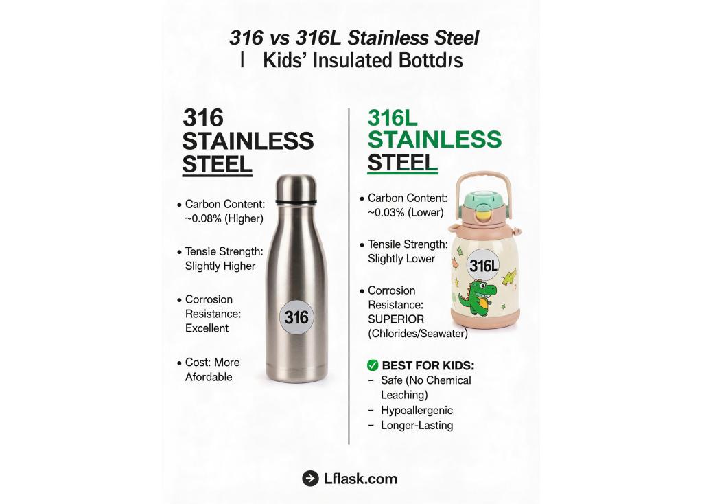 What are the main differences between 316 and 316L stainless steel for insulated bottles, and which is better for kids' products?