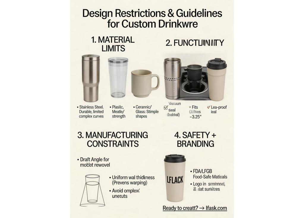 Are there any design restrictions or guidelines for creating custom drinkware shapes and sizes?