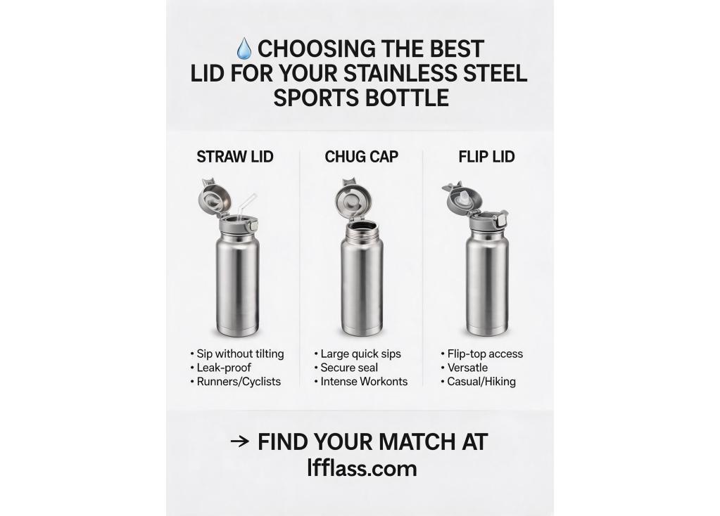For a sports stainless steel water bottle, what are the best lid options (straw, chug cap, flip lid) for easy drinking during activity?