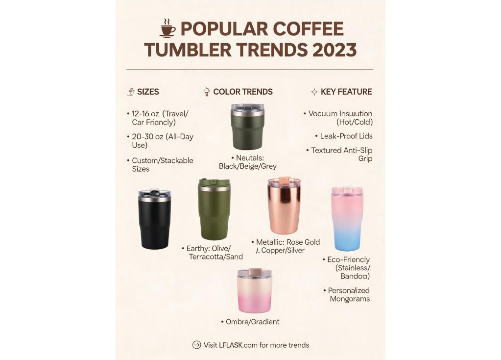 What are the popular sizes, colors, and designs for coffee tumblers this year?