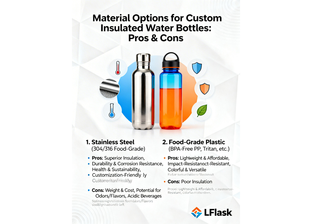 What are the available material options for custom insulated water bottles and their pros and cons?