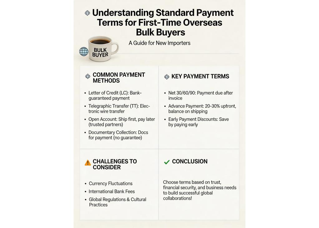 What are the standard payment terms for first-time bulk buyers from overseas?
