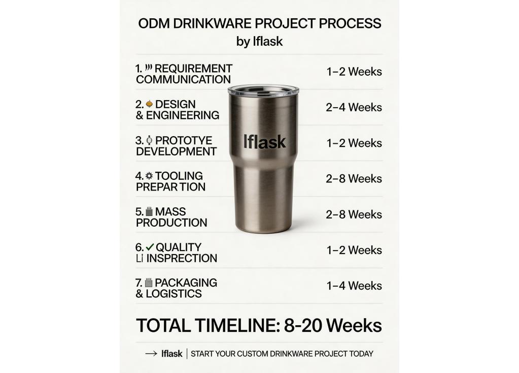 What is the complete process from design to delivery for an ODM drinkware project, and how long does it usually take?