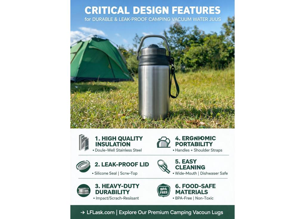 For large capacity vacuum water jugs intended for camping, what are the critical design features for durability and leak-proof performance?