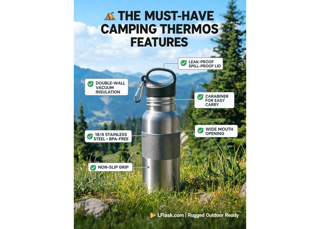 What specific features should a camping thermos bottle have to withstand rugged outdoor use and extreme temperatures?
