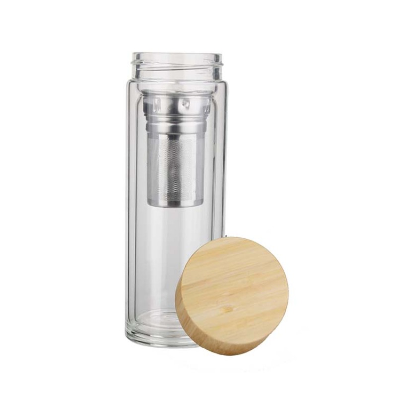 Actever A21062 320ml Double Walled Borosilicate Glass Tea Tumbler with 304 Stainless Steel & Bamboo Lid