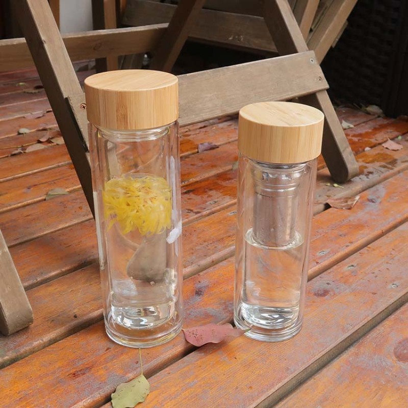 Actever A21062 320ml Double Walled Borosilicate Glass Tea Tumbler with 304 Stainless Steel & Bamboo Lid