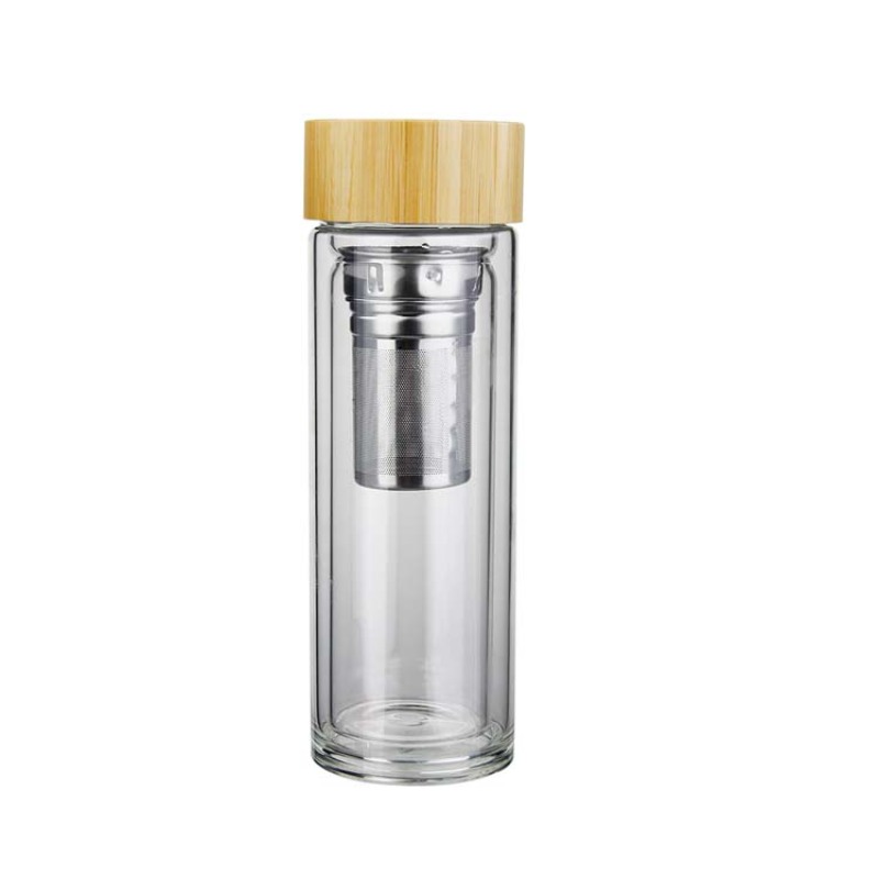 Actever A21062 320ml Double Walled Borosilicate Glass Tea Tumbler with 304 Stainless Steel & Bamboo Lid