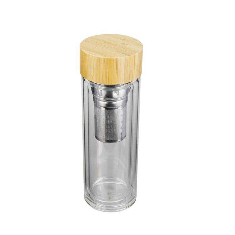 Actever A21062 320ml Double Walled Borosilicate Glass Tea Tumbler with 304 Stainless Steel & Bamboo Lid