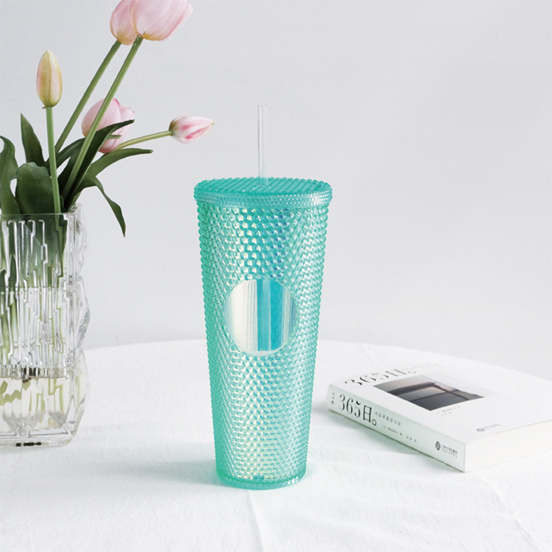 Actever 24oz Reusable Cold Cup with Studded Design Lid and Straw Double Wall AS Plastic Tumbler for Iced Coffee Tea Juice Office Travel